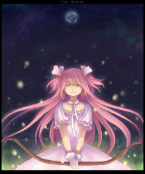 Rule 34 | 10s, 1girl, alternate hairstyle, bow (weapon), closed eyes, dress, earth (planet), female focus, gloves, gradient background, highres, kaname madoka, long hair, magical girl, mahou shoujo madoka magica, mahou shoujo madoka magica (anime), miya8111, pink hair, planet, ribbon, smile, solo, space, spoilers, star (symbol), tears, twintails, two side up, ultimate madoka, weapon, white gloves