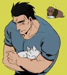 Rule 34 | 1boy, absurdres, akagi: yami ni oritatta tensai, black hair, blue shirt, cat, closed mouth, commentary request, dog, fukumoto mahjong, hair slicked back, highres, inudori, male focus, muscular, muscular male, nangou (akagi), shirt, short hair, short sleeves, simple background, smile, upper body, yellow background