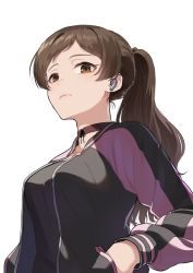Rule 34 | 1girl, black choker, black jacket, black shirt, breasts, brown eyes, brown hair, choker, closed mouth, commentary request, expressionless, from below, hand in pocket, idolmaster, idolmaster million live!, idolmaster million live! theater days, jacket, kamille (vcx68), kitazawa shiho, large breasts, long hair, long sleeves, looking at viewer, open clothes, open jacket, ponytail, shirt, simple background, solo, standing, upper body, white background, wireless earphones