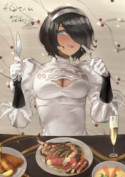 Rule 34 | 1girl, alcohol, aqua eyes, black hair, breasts, champagne, champagne flute, cleavage, cleavage cutout, closed mouth, clothing cutout, cup, dress, drinking glass, fadingz, food, fork, gloves, hair over one eye, hairband, highres, holding, holding fork, holding knife, knife, looking at viewer, meat, medium breasts, mole, mole under mouth, nier (series), nier:automata, pixiv id, plate, short hair, signature, solo, white dress, white gloves, white hairband, 2p (nier:automata)