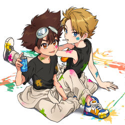 Rule 34 | 2boys, bean32, black shirt, black tank top, blonde hair, blue eyes, brown hair, converse, digimon, digimon adventure, fingernails, goggles, goggles on head, hair between eyes, highres, ishida yamato, looking at viewer, male focus, multiple boys, shirt, shoelaces, shoes, sneakers, spray can, tank top, tongue, tongue out, white background, yagami taichi