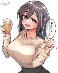 Rule 34 | 1girl, black skirt, blue hair, blush, breasts, collarbone, cup, drink, drinking glass, green nails, hair ornament, hairclip, highres, kantai collection, large breasts, long hair, matsunaga (haku), nail polish, official alternate costume, open mouth, ribbed shirt, shirt, signature, simple background, skirt, smile, souryuu (kancolle), twitter username, upper body, white background