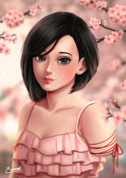 Rule 34 | 1girl, amputee, black eyes, black hair, blurry, blurry background, blush, cherry blossoms, collarbone, commentary, commission, dress, english commentary, enmoire, frills, highres, lips, looking at viewer, original, pink dress, red ribbon, ribbon, short hair, signature, smile, solo, swept bangs
