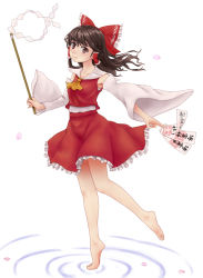 Rule 34 | 1girl, armpits, ascot, barefoot, bow, brown hair, detached sleeves, frilled skirt, frills, full body, fuwatoro (enemy-of-society), gohei, hair bow, hair tubes, hakurei reimu, head tilt, light smile, long hair, looking at viewer, ofuda, outstretched arm, red eyes, ripples, simple background, skirt, skirt set, solo, standing, standing on one leg, tiptoes, touhou, undershirt, white background, wind