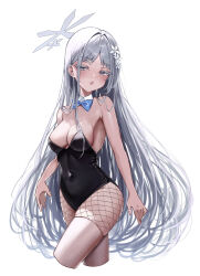 Rule 34 | 1girl, absurdres, bare shoulders, blue archive, blue bow, blue bowtie, blush, bow, bowtie, colored eyelashes, covered navel, cropped legs, detached sleeves, fishnet pantyhose, fishnets, grey hair, hair ornament, halo, highres, leotard, long hair, nagusa (blue archive), open mouth, pantyhose, playboy bunny, simple background, solo, thighhighs, thighhighs over pantyhose, white background, ya ta