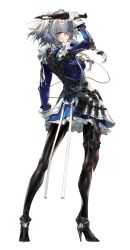 Rule 34 | 1girl, apron, arm at side, black bow, black footwear, black pantyhose, blue dress, bow, braid, breasts, chain, dress, exoskeleton, floating hair, frills, from behind, full body, gloves, gold, hair bow, high heels, highres, holding, holding knife, izayoi sakuya, knife, knife sheath, kodama (wa-ka-me), long hair, long sleeves, looking back, maid, maid headdress, medium breasts, open mouth, pantyhose, red eyes, scabbard, sheath, short hair, sidelocks, silver hair, simple background, sleeve cuffs, solo, thigh strap, touhou, tsurime, twin braids, weapon, white background, white gloves