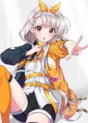 Rule 34 | 1girl, black jacket, black shorts, blush, commentary request, foreshortening, grey hair, hair ornament, hair ribbon, highres, hisakawa nagi, holding, holding microphone, idolmaster, idolmaster cinderella girls, idolmaster cinderella girls starlight stage, jacket, knee up, long hair, long sleeves, looking at viewer, low twintails, microphone, open clothes, open jacket, orange jacket, orange ribbon, orange thighhighs, outstretched arm, parted lips, red eyes, ribbon, shirt, short shorts, shorts, sitting, solo, sutoroa, thighhighs, twintails, very long hair, w, white shirt