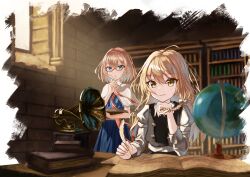 Rule 34 | 2girls, alice margatroid, black vest, blonde hair, blue dress, blue eyes, book, bookshelf, bow, braid, capelet, closed mouth, commentary, dress, english commentary, glasses, globe, hair bow, hairband, highres, holding, holding quill, ibushi roun, kirisame marisa, long hair, multiple girls, no headwear, open book, phonograph, quill, red-framed eyewear, red hairband, short hair, side braid, single braid, touhou, vest, white bow, white capelet, yellow eyes