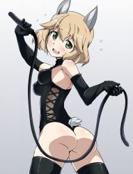 Rule 34 | 1girl, amelie planchard, animal ears, ass, black thighhighs, blonde hair, elbow gloves, gloves, gradient background, green eyes, looking at viewer, open mouth, rabbit girl, rabbit tail, short hair, solo, strike witches, strike witches: katayoku no majo-tachi, tail, thighhighs, whip, world witches series, yumekaranigeruna