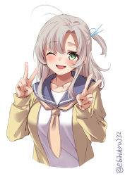 Rule 34 | 1girl, antenna hair, blush, breasts, collarbone, double v, ebifurya, green eyes, grey hair, hair between eyes, hair tie, highres, kantai collection, kinugasa (kancolle), kinugasa kai ni (kancolle), lips, looking at viewer, medium breasts, necktie, one-hour drawing challenge, one eye closed, one side up, open clothes, open mouth, pink hair, purple sailor collar, ribbon, sailor collar, school uniform, serafuku, short twintails, simple background, smile, solo, sweater, twintails, twitter username, upper body, v, white background, yellow necktie, yellow sweater