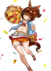 Rule 34 | 1girl, ;), animal ears, black hair, blue jacket, blush, bow, brown eyes, brown hair, cheerleader, closed mouth, collarbone, confetti, crop top, dokomon, highres, horse ears, horse girl, horse tail, jacket, long sleeves, multicolored hair, navel, nice nature (run&amp;win) (umamusume), nice nature (umamusume), one eye closed, open clothes, open jacket, orange shorts, pleated skirt, pom pom (clothes), ponytail, puffy long sleeves, puffy sleeves, red bow, red footwear, ribbed legwear, shirt, shoes, short shorts, shorts, simple background, skirt, smile, socks, solo, standing, standing on one leg, streaked hair, tail, umamusume, v, white background, white shirt, white skirt