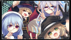 Rule 34 | &gt; &lt;, 4girls, :d, blonde hair, blue eyes, character request, closed eyes, double thumbs up, double v, dress, fangs, glasses, gloves, green eyes, grey hair, hat, hat ribbon, heterochromia, highres, jacket, kerberos blade, long bangs, long sleeves, multiple girls, nanahi tsubaki, official art, open mouth, purple eyes, reaching, reaching towards viewer, red-framed eyewear, red eyes, ribbon, sailor collar, sailor hat, smile, thumbs up, v, viewfinder, witch hat