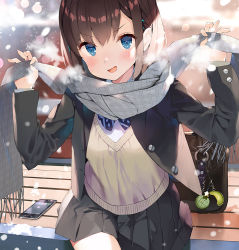 Rule 34 | 1girl, :d, arms up, bag, bag charm, bench, black jacket, black skirt, blazer, blue bow, blue bowtie, blue eyes, blurry, blurry background, blush, bow, bowtie, breath, brown hair, cellphone, charm (object), commentary request, food, fringe trim, fruit, gaou (umaiyo puyoman), grey scarf, holding, jacket, lens flare, long sleeves, looking at viewer, medium hair, melon, miniskirt, open clothes, open jacket, open mouth, original, outdoors, phone, plaid, plaid scarf, scarf, school bag, school uniform, sitting, skirt, smartphone, smile, snowing, solo, star (symbol), sweater, unbuttoned, v-shaped eyebrows, winter