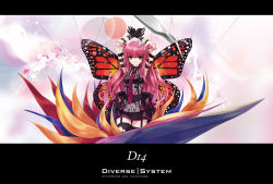 Rule 34 | 1girl, album cover, arms up, beatmania, beatmania iidx, bemani, butterfly wings, cover, diverse system, doll joints, garter belt, garter straps, highres, insect wings, joints, konami, letterboxed, misaki kurehito, necktie, pink hair, purple eyes, solo, string, thighhighs, tiara, torn clothes, two side up, umegiri ameto, wallpaper, wings