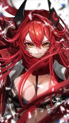 Rule 34 | 1girl, breasts, broken glass, chaps, cleavage, crop top, cropped jacket, galibo, glass, goddess of victory: nikke, grin, hair between eyes, headgear, highres, horns, jacket, large breasts, leather, leather jacket, long hair, looking at viewer, mechanical horns, navel, orange eyes, red hair, red hood (nikke), red jacket, red scarf, scarf, smile, solo, unzipped, upper body, very long hair, zipper