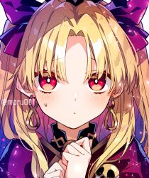 Rule 34 | 1girl, blonde hair, cape, closed mouth, commentary request, earrings, ereshkigal (fate), fate/grand order, fate (series), forehead, hair ribbon, jewelry, long hair, looking at viewer, moru, parted bangs, red cape, red eyes, red ribbon, ribbon, solo, sweatdrop, twitter username, two side up, upper body