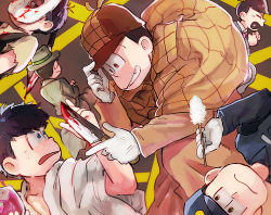 Rule 34 | 10s, 6+boys, bad id, bad pixiv id, blood, blood on mask, bloody weapon, brothers, brown hair, clenched hands, crossed arms, cup, detective, drink, drinking glass, evil grin, evil smile, closed eyes, fedora, gloves, grin, hat, heart, heart in mouth, knife, long sleeves, looking at another, male focus, mask, matsuno choromatsu, matsuno ichimatsu, matsuno jyushimatsu, matsuno karamatsu, matsuno osomatsu, matsuno todomatsu, multiple boys, open mouth, osomatsu-kun, osomatsu-san, pointing, police, police uniform, red eyes, sextuplets, short hair, siblings, smile, sweatdrop, teeth, uniform, wavy mouth, weapon, white gloves, wince, yomiko (miz74)