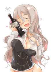 Rule 34 | bottle, breasts, cleavage, corset, dated, drunk, closed eyes, fyuo, grey hair, hair between eyes, highres, holding, holding bottle, kantai collection, large breasts, no panties, open mouth, pola (kancolle), shirt, solo, wavy hair, white background, white shirt, wine bottle