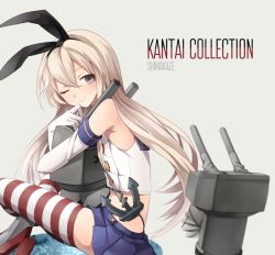 Rule 34 | 10s, 1girl, anchor, bad id, bad pixiv id, blonde hair, character name, copyright name, elbow gloves, gloves, grey eyes, hairband, hug, kantai collection, long hair, one eye closed, rensouhou-chan, shimakaze (kancolle), sitting, skirt, smile, striped clothes, striped thighhighs, thighhighs, tomari (veryberry00), whale tail (clothing), wink