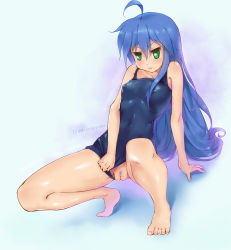 Rule 34 | 00s, 1girl, :3, ahoge, arm support, bad id, bad pixiv id, bare legs, bare shoulders, barefoot, blue hair, breasts, clothing aside, colored pubic hair, covered erect nipples, feet, female pubic hair, green eyes, highres, izumi konata, kadokawa shoten, leaning back, long hair, looking at viewer, lucky star, medium breasts, mole, mole under eye, one-piece swimsuit, pubic hair, pussy, solo, swimsuit, swimsuit aside, uncensored, unfairr
