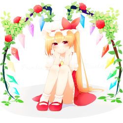 Rule 34 | 1girl, ascot, blonde hair, blouse, blush, bobby socks, character name, female focus, flandre scarlet, flower, full body, hands on own cheeks, hands on own face, hat, hat ribbon, head rest, highres, leaf, looking at viewer, mary janes, milk (mmm-g), plant, red eyes, red flower, red rose, ribbon, rose, shadow, shirt, shoes, short hair, short sleeves, side ponytail, sitting, skirt, smile, socks, solo, touhou, vest, vines, vivid heart m, white background, white socks, wings