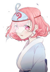 Rule 34 | 1girl, alternate headwear, bad id, bad pixiv id, blush, earrings, headband, highres, humanlynn, japanese clothes, jewelry, kimono, long sleeves, looking at viewer, open mouth, petals, pink eyes, pink hair, portrait, ribbon, saigyouji yuyuko, sash, see-through, short hair, simple background, solo, star-shaped pupils, star (symbol), symbol-shaped pupils, touhou, triangular headpiece, veil, white background