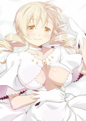 Rule 34 | 1girl, bad id, bad pixiv id, blonde hair, blush, breasts, cleavage, cleavage cutout, clothing cutout, cosplay, dress, drill hair, gloves, highres, kaname madoka, large breasts, long hair, mahou shoujo madoka magica, mahou shoujo madoka magica (anime), pride chicken, smile, solo, tomoe mami, twin drills, twintails, ultimate madoka, ultimate madoka (cosplay), yellow eyes