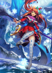 Rule 34 | 1girl, :d, blue cape, blue sky, bow, cape, crown, crystal, fang, full body, green eyes, hat, hat bow, high heels, holding, holding staff, looking at viewer, nayuta (una), open mouth, orange hair, original, outdoors, red hat, sky, smile, snowflakes, solo, staff, standing