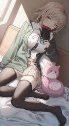 Rule 34 | 1girl, absurdres, animal bag, blush, breasts, brown thighhighs, cardigan, cat bag, collared shirt, covered mouth, covering own mouth, danganronpa (series), danganronpa 2: goodbye despair, dress shirt, dutch angle, flippy (cripine111), full body, galaga, game console, green sweater, hair ornament, highres, holding, hope&#039;s peak academy school uniform, indoors, large breasts, legs, light brown hair, looking at viewer, nanami chiaki, no shoes, on bed, open cardigan, open clothes, pink eyes, pleated skirt, school uniform, shirt, shirt tucked in, short hair, sidelocks, sitting, skirt, sleeves past wrists, solo, sunlight, sweater, thighhighs, white shirt, zettai ryouiki