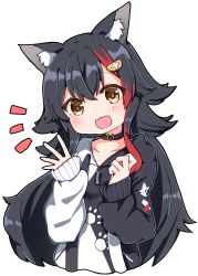 Rule 34 | 1girl, :d, animal ears, black choker, black hair, black hoodie, blush, chibi, choker, flipped hair, hair between eyes, hair ornament, hairclip, hololive, hood, hoodie, long hair, looking at viewer, multicolored hair, notice lines, ookami mio, ookami mio (casual), open mouth, paw print, paw print pattern, rabiiandrain, red hair, sidelocks, simple background, sleeves past wrists, smile, solo, spiked hair, streaked hair, two-tone hoodie, very long hair, virtual youtuber, waving, white background, white hoodie, wolf ears, wolf girl, yellow eyes