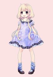 Rule 34 | 1girl, blonde hair, blush, brown eyes, collared dress, comeco, dress, full body, futaba anzu, highres, idolmaster, idolmaster cinderella girls, long hair, loose socks, low twintails, mary janes, open mouth, purple dress, shoes, short sleeves, smile, socks, solo, twintails
