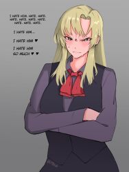 Rule 34 | 1girl, black skirt, black vest, blonde hair, blush, bow, collared shirt, commentary, crossed arms, english commentary, english text, green eyes, grey background, grey shirt, hair behind ear, highres, long hair, original, parted bangs, red bow, shirt, skirt, solo, sweat, tsundere, twitter username, v-shaped eyebrows, vest, yblndr