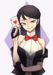 Rule 34 | 1girl, absurdres, ace (playing card), ace of hearts, bare shoulders, black gloves, black hair, borrowed character, bow, bowtie, breasts, card, closed mouth, commentary, english commentary, fingerless gloves, gloves, green eyes, half gloves, heart, highres, holding, holding card, large breasts, long hair, looking at viewer, original, playing card, purple background, red bow, red bowtie, signature, smile, solo, tostantan, upper body
