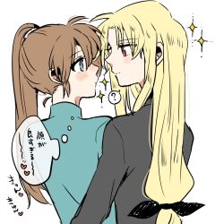 2girls ? black_shirt blonde_hair blue_eyes blue_shirt brown_hair closed_mouth commentary_request eye_contact fate_testarossa from_behind heart highres long_hair looking_at_another lyrical_nanoha multiple_girls ponytail red_eyes sakurada_en shirt simple_background smile sparkle speech_bubble spoken_question_mark takamachi_nanoha thought_bubble translation_request white_background yuri