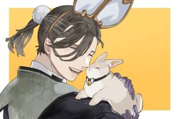 Rule 34 | 1boy, :d, ^ ^, alternate costume, alternate hairstyle, animal, animal ears, bell, black jacket, border, brown hair, closed eyes, donkey fgo, facing to the side, fake animal ears, fangs, fate/grand order, fate (series), gloves, hair ornament, hair over one eye, hairband, heart, heart print, holding, holding animal, jacket, light blush, male focus, neck bell, open mouth, outside border, pom pom (clothes), pom pom hair ornament, portrait, purple gloves, rabbit, rabbit ears, short ponytail, simple background, smile, solo, teeth, white border, yamanami keisuke (fate), yellow background