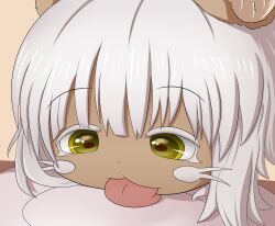Rule 34 | 1other, androgynous, brown fur, close-up, furry, highres, horizontal pupils, licking, made in abyss, nanachi (made in abyss), other focus, plate, smugbuns, solo, tongue, tongue out, whiskers, white hair, yellow eyes