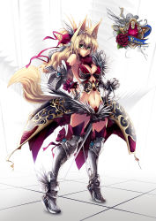 Rule 34 | 1girl, animal ears, armor, blonde hair, boots, bow, breasts, bridal gauntlets, bustier, cleavage, fox ears, fox tail, gauntlets, glycyrrhizae, greaves, green eyes, hair bow, hair ornament, hair ribbon, high heels, highres, lingerie, long hair, midriff, navel, original, pleated skirt, ribbon, shoes, skirt, solo, standing, sword, tail, thigh boots, thighhighs, underwear, weapon