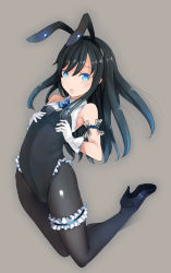 Rule 34 | 10s, 1girl, animal ears, asashio (kancolle), bad id, bad pixiv id, bare shoulders, black hair, black pantyhose, blue eyes, bow, bridal garter, comah, fake animal ears, flat chest, frills, gloves, grey background, high heels, kantai collection, leotard, long hair, open mouth, pantyhose, playboy bunny, rabbit ears, thigh strap, white gloves