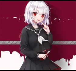 Rule 34 | 1girl, :p, bandaged neck, bandages, bandaid, bandaid on cheek, bandaid on face, bandaid on hand, black sailor collar, black serafuku, black shirt, black skirt, blood, boxcutter, commentary request, glint, holding, letterboxed, long sleeves, looking at viewer, neckerchief, original, pleated skirt, pong (vndn124), red eyes, sailor collar, school uniform, serafuku, shirt, silver hair, skirt, solo, tongue, tongue out, white neckerchief