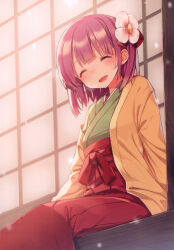 Rule 34 | 1girl, absurdres, belt, blush, bow, closed eyes, door, flower, green shirt, hair bow, hair flower, hair ornament, hieda no akyuu, highres, japanese clothes, long sleeves, open clothes, open mouth, open robe, orange robe, purple hair, red belt, red bow, red skirt, robe, shirt, shnva, short hair, sitting, skirt, smile, solo, touhou, white flower, wide sleeves