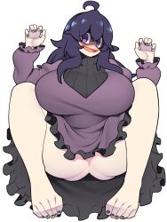 Rule 34 | 1girl, @ @, absurdres, ahoge, ass, barefoot, bellupup, black nails, black toenails, breasts, creatures (company), dress, feet, game freak, hex maniac (pokemon), highres, huge breasts, long hair, long sleeves, lying, messy hair, nail polish, nintendo, no panties, on back, open mouth, pokemon, pokemon xy, purple dress, purple eyes, purple hair, simple background, smile, solo, toes, turtleneck, white background