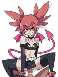 Rule 34 | 1boy, 1girl, arm support, bat wings, bigdead, breasts, clothed sex, cowgirl position, demon tail, disgaea, earrings, elbow gloves, etna (disgaea), flat chest, girl on top, gloves, hetero, highres, jewelry, looking at viewer, midriff, navel, penis, pov, pussy juice, red eyes, red hair, sex, shiny clothes, shiny skin, simple background, small breasts, smile, solo focus, straddling, tail, uncensored, vaginal, white background, wings