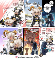 Rule 34 | 1other, 3girls, ambiguous gender, amiya (arknights), angry, animal ears, arknights, beeswax (arknights), carnelian (arknights), crying, crying with eyes open, dark-skinned female, dark skin, doctor (arknights), english text, false smile, goat ears, goat girl, goat horns, gold horns, headpat, highres, hm (hmongt), horns, infection monitor (arknights), long sleeves, meme, multiple girls, poking, rabbit ears, rabbit girl, siblings, sisters, smile, speech bubble, sweatdrop, tablet pc, tears, thumbs up, tripping, yostar