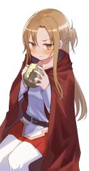 Rule 34 | 1girl, absurdres, asuna (sao), belt, blush, braid, breasts, brown belt, brown eyes, brown hair, cape, closed mouth, eating, female focus, food, frown, grey background, hands up, highres, holding, hood, hooded cape, kei8987, long hair, pantyhose, pleated skirt, red cape, red skirt, simple background, skirt, solo, sword art online, white pantyhose