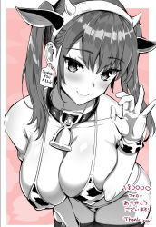 Rule 34 | 1girl, animal ears, animal print, bell, breasts, cleavage, closed mouth, collar, commentary request, covered erect nipples, cow ears, cow horns, cow print, ear tag, greyscale, handjob gesture, highres, horns, kojima saya, large breasts, leaning forward, looking at viewer, medium hair, monochrome, neck bell, original, sexually suggestive, skindentation, smile, solo, thank you, thighhighs, twintails, wrist cuffs