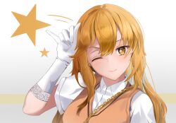 Rule 34 | 1girl, ;), asymmetrical bangs, blonde hair, brown sweater vest, chain, closed mouth, collared shirt, elbow gloves, gloves, gold chain, hair between eyes, hand on own head, highres, lace, lace-trimmed gloves, lace trim, light blush, long bangs, long hair, looking at viewer, one eye closed, reiruiki, school uniform, shirt, shokuhou misaki, short sleeves, simple background, smile, solo, star-shaped pupils, star (symbol), sweater vest, symbol-shaped pupils, toaru kagaku no mental out, toaru kagaku no railgun, toaru majutsu no index, tokiwadai school uniform, upper body, white gloves, white shirt