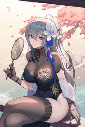 Rule 34 | 1girl, absurdres, azur lane, black thighhighs, blue dress, breasts, china dress, chinese clothes, cleavage, crossed legs, dress, flower, gloves, grey hair, hair flower, hair ornament, hair ribbon, hand fan, highres, holding, holding fan, large breasts, long hair, looking at viewer, mole, mole under eye, official alternate costume, red eyes, ribbon, saint-louis (alluring administrator) (azur lane), saint-louis (azur lane), see-through, see-through cleavage, see-through legwear, sheer gloves, sitting, smile, solo, thighhighs, thighs, tree, yun (user367624)