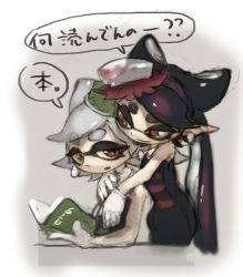 Rule 34 | 2girls, bad id, bad twitter id, black hair, book, callie (splatoon), check translation, commentary, dress, earrings, eyebrows, food, food on head, gradient background, hair rings, holding, holding book, inkling, jewelry, long hair, marie (splatoon), multiple girls, nintendo, nootaragibe, object on head, open mouth, orange eyes, pantyhose, pointy ears, short hair, short jumpsuit, silver hair, splatoon (series), splatoon 1, strapless, strapless dress, sushi, tentacle hair, translated, translation request