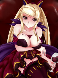 Rule 34 | 1girl, alcohol, amane (zmc), bad id, bad pixiv id, bare shoulders, blonde hair, breast hold, breasts, bust cup, cleavage, collarbone, cup, dodonpachi, dodonpachi saidaioujou, drinking glass, huge breasts, large breasts, long hair, nail polish, red background, red eyes, red thighhighs, shuri (saidaioujou), skirt, smile, solo, thighhighs, wine, wine glass, zettai ryouiki
