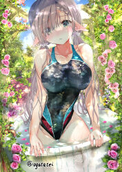 Rule 34 | 1girl, absurdres, bathtub, black one-piece swimsuit, breasts, commentary request, competition swimsuit, covered navel, cowboy shot, dappled sunlight, elf, flower, green eyes, grey hair, highres, large breasts, long hair, multicolored clothes, multicolored swimsuit, ogata tei, one-piece swimsuit, original, pointy ears, rose, solo, sunlight, swimsuit, twitter username, very long hair